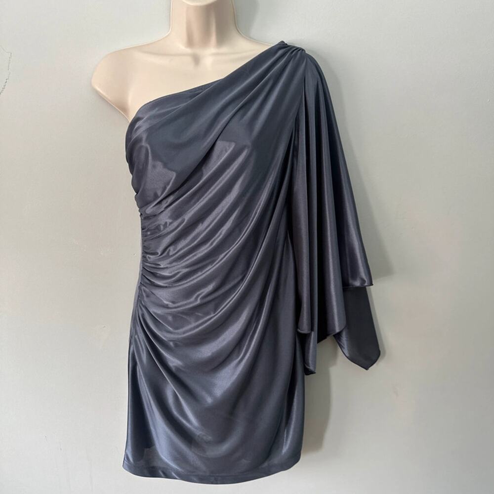 Hailey Adrianna Papell Dress Small Gray Ruched Satin Cocktail Retro Goddess Glam